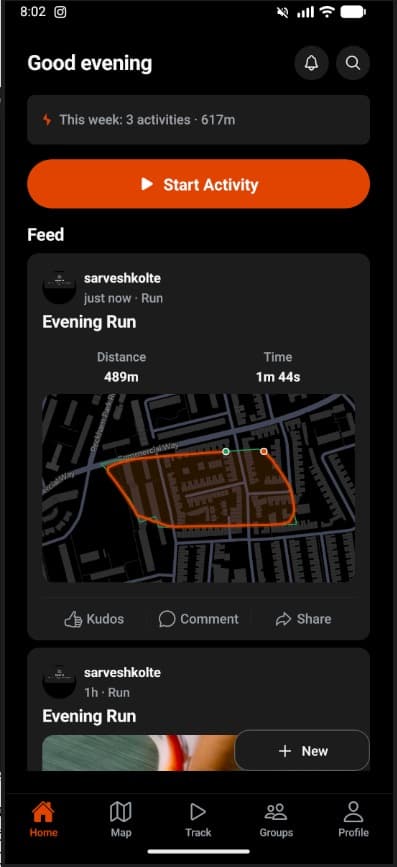 Activity feed showing a shared run